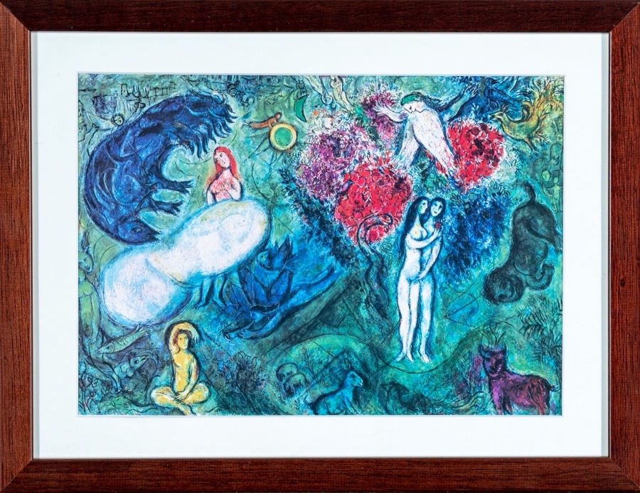 A nicely matted small scale color print of a Chagall painting entitled 